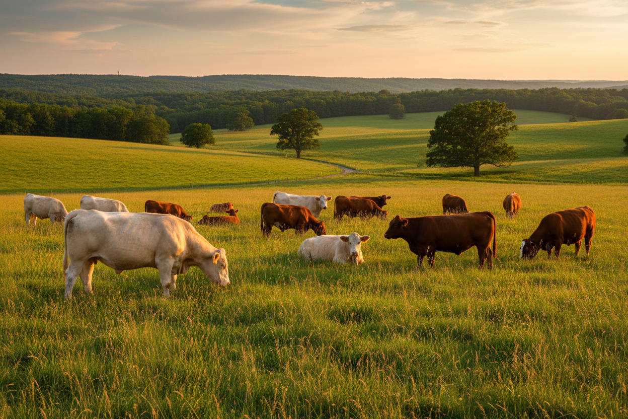 Charolais and Red Angus cattle in green pasture